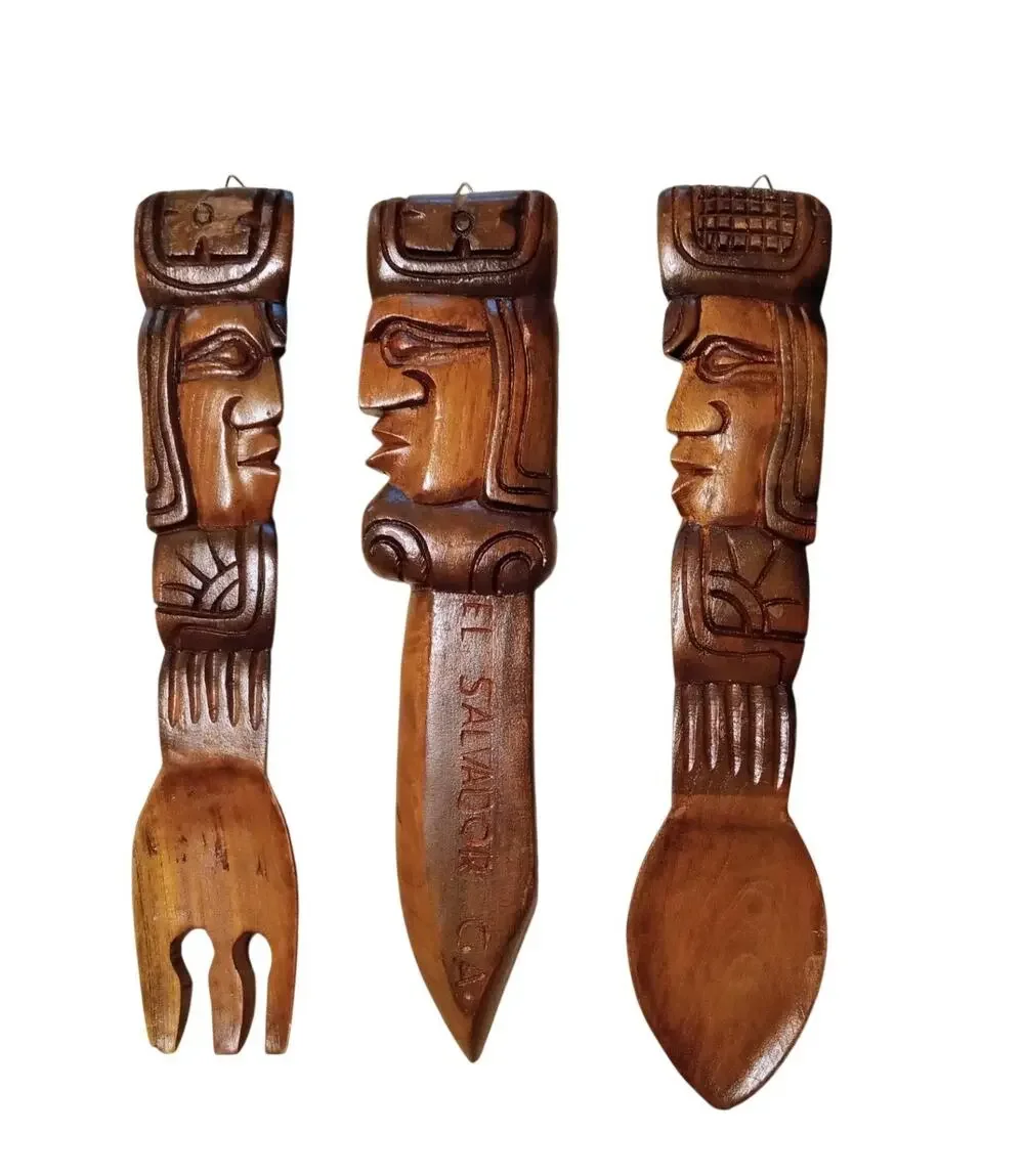 Vtg El Salvador Hand Carved Wood Spoon Fork Knife Set Wall Decor Indigenous Face